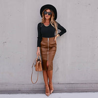 PU Leather Zip Pencil Skirt